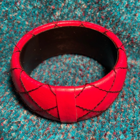Vintage Leather Like Red Bangle with Black Top Stitch Design - Picture 2 of 2